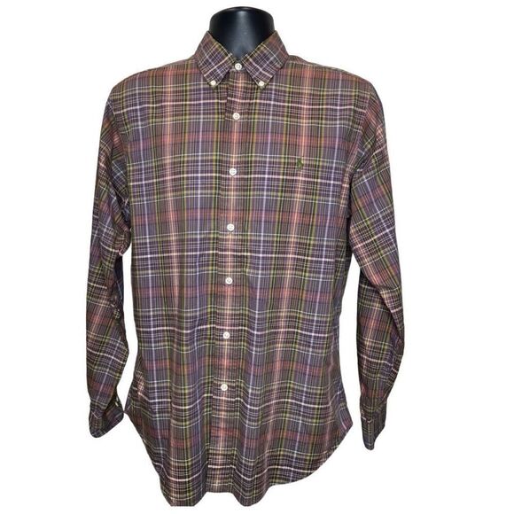Ralph Lauren Classic Fit Plaid Oxford Shirt Size 15½ M Olive Pony Plum Multi - Picture 1 of 6